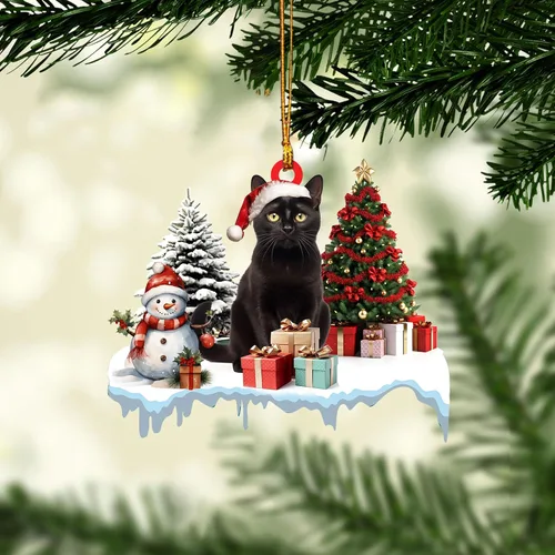 Vista 8 de Talataca Adorno de Navidad plano 2D de gato negro, Gato Negro en bolsa de regalo de Papá Noel rojo, decoración de árbol de pino, colgante de casa 4