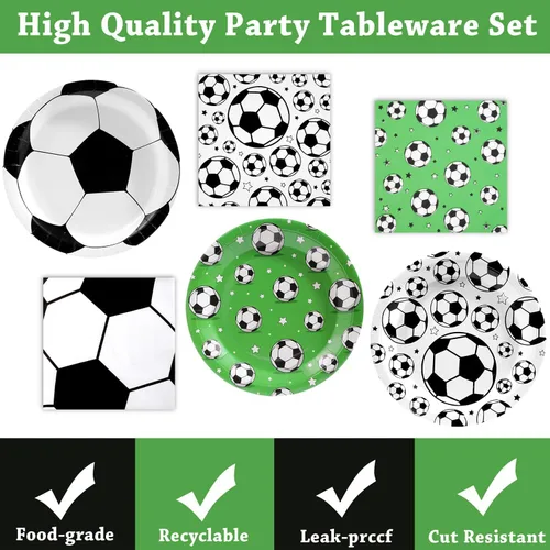 Vista 3 de 120 piezas de decoración de fiesta de fútbol, suministros de fiesta de cumpleaños de fútbol, juego de vajilla desechable con estampado de fútbol
