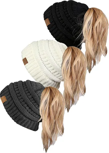 Vista 22 de Funky Junque Gorro para mujer con diseño de moño desordenado, color liso y acanalado
