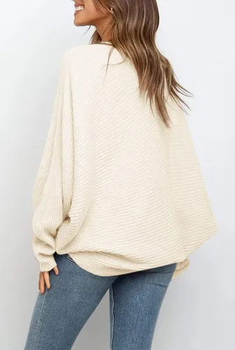 Vista 3 de Mafulus - Suéter grande para mujer, de manga larga tipo murciélago, cuello redondo, holgado, sin botones