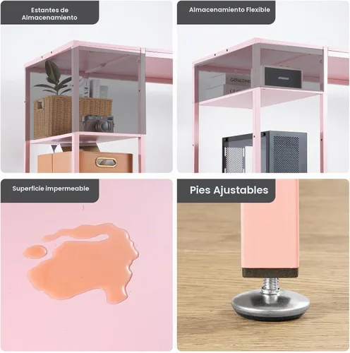Vista 7 de MINOSYS Escritorio para computadora de 55 pulgadas con estante de almacenamiento - Rosa, ideal para dormitorios, espacios pequeños y oficinas