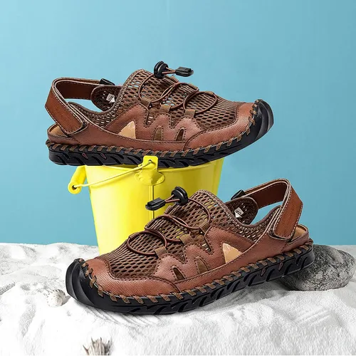 Vista 7 de Sandalias para hombre, zapatos de playa de cuero de verano para pescador, sandalias de punta cerrada para hombres, sandalias de agua transpirables
