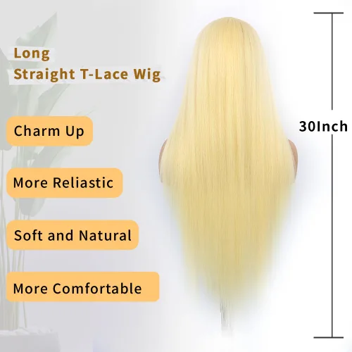 Vista 4 de Peluca rubia sintética con encaje frontal, predepilada 613, peluca de cabello largo para mujer, peluca sedosa y recta con parte media sin pegamento
