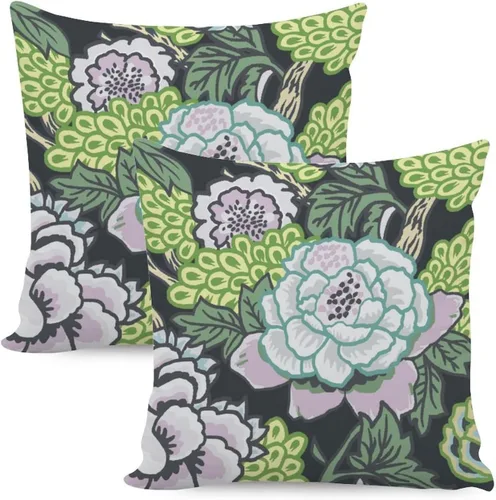 Vista 32 de Juego de 2 almohadas coloridas de estilo chinoiserie, color rosa intenso, azul real, peonía, floral, blanco, lino, estilo chinoiserie, para sofá