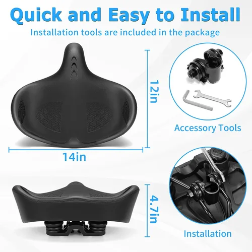 Vista 7 de CDYWD Asiento de bicicleta de gran tamaño para hombres y mujeres, cojín de asiento de bicicleta extra ancho, cómodo acolchado de ala, sillín
