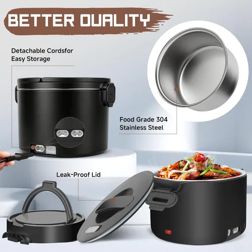 Vista 5 de Lonchera eléctrica para hombres, 1L/34oz 100W calentador de alimentos portátil a prueba de fugas calentador de alimentos para adultos 12V/24V/110V