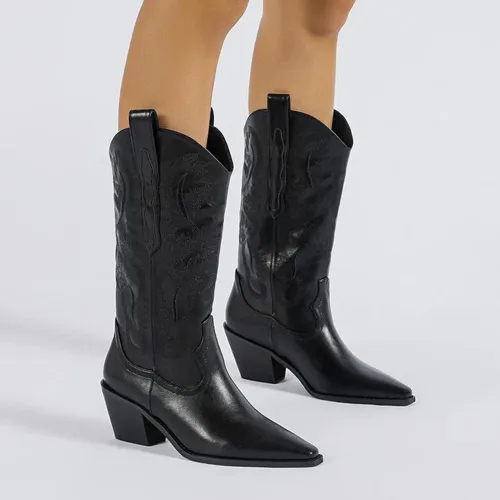 Vista 3 de Mattiventon Botas vaqueras para mujer, bordadas, a media pantorrilla, botas vaqueras vintage, botas occidentales