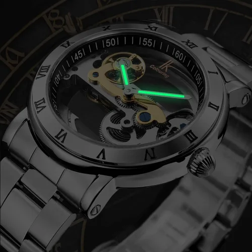 Vista 6 de Gute Relojes para hombre, mecánico automático automático, impermeable, transparente, transparente, transparente, steampunk, números romanos, caja