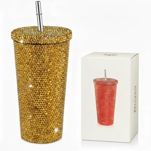 Vista 8 de Vaso térmico con diamantes de imitación con tapa, reutilizable, aislado, de acero inoxidable de alta calidad, botella de agua estética de primera