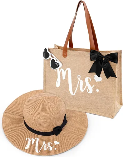 Vista 8 de Percozzi Wifey Bride Tote Bag Sun Hat Glasses Set Bride-To-Be Shower Gift Honeymoon Jute Bag Kit