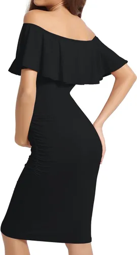 Vista 4 de KIM S Vestido de maternidad sin mangas con volantes y hombros descubiertos (S-XXL), vestido ajustado para sesión de fotos de baby shower