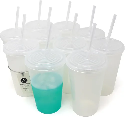 Vista 14 de Rolling Sands Vasos de plástico reutilizables de 22 onzas con tapas, paquete de 10, vasos variados fabricados en Estados Unidos; incluye 10 popotes