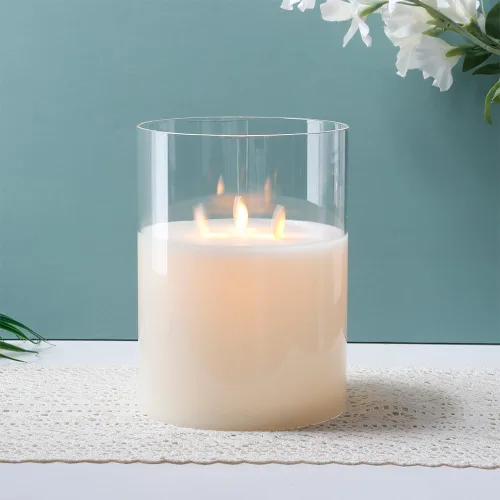 Vista 2 de JHY DESIGN Velas de cristal sin llama de 3 mechas de 8 pulgadas de alto operadas por batería con llama danzante parpadeante LED velas tipo pilar