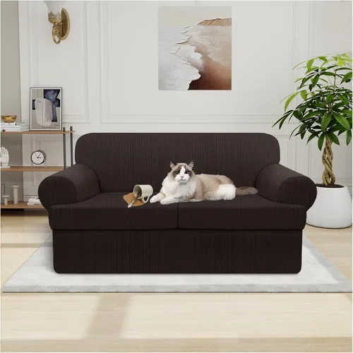 Vista 43 de Funda impermeable para silla con brazos, juego de 2 piezas, funda a rayas para 1 sofá separado con cojín en T, fundas de sillón de tela