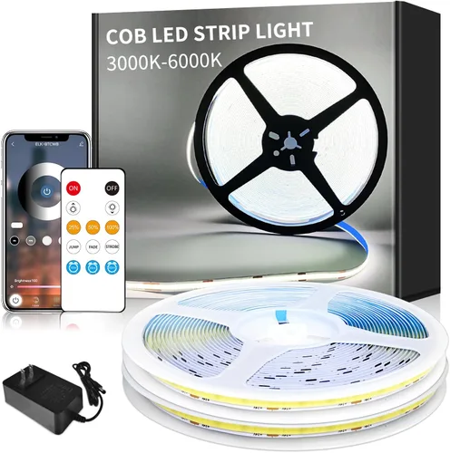 Vista 14 de COB - Tira de luces LED de 32.8 pies, 3000 K, blanco cálido, regulable, CC de 24 V, cinta de luces LED flexibles para dormitorio, con control remoto