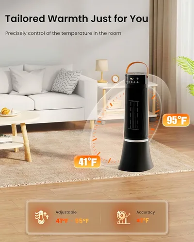 Vista 4 de Calentador de espacio para uso en interiores, calentador eléctrico PTC de 1500 W con control remoto, oscilación ancha de 75°, temporizador de 12