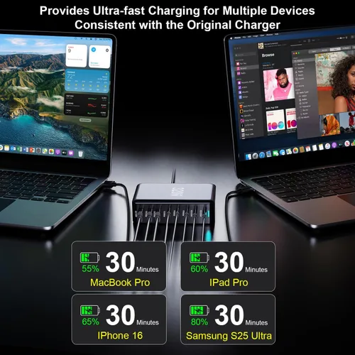 Vista 4 de 320W Bloque de Cargador USB C, Estación de Carga Rápida de 8 Puertos USB Hub PD 100W GaN Ⅲ Estación de Carga Pro para Múltiples Dispositivos