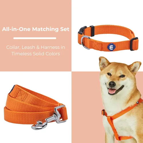 Vista 3 de Blueberry Pet Essentials - Juego de arnés de correa para perro a juego en naranja bermellón, collar de nailon clásico ajustable de color sólido