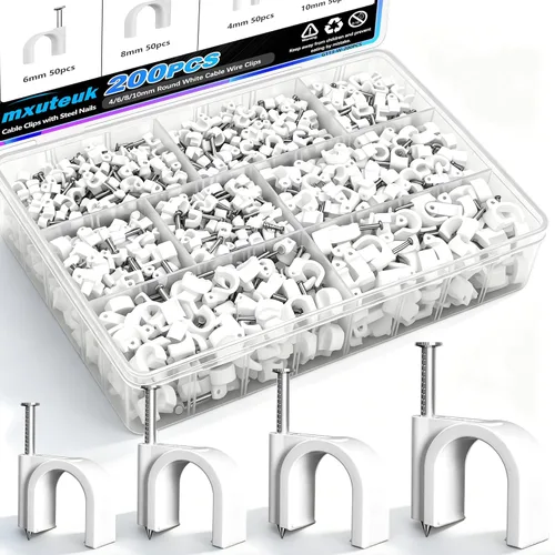 Vista 9 de mxuteuk 200 piezas de clips para cables con clavos de acero, clips para cables redondos negros de 4/6/8/10 mm, clips de pared para cables, clips