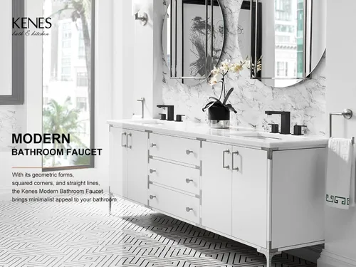 Vista 2 de KENES Grifo de Baño Extendido Negro Mate de Dos Manijas, Grifos de Lavabo de Baño Negro de 3 Orificios, 8 Pulgadas, Grifo de Tocador de Baño de 3
