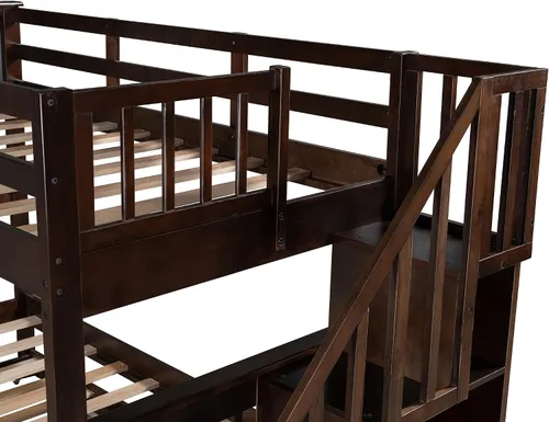 Vista 7 de Harper & Bright Designs Litera Individual sobre Individual con Escaleras y Cama Nido, Marco de Litera de Escalera de Madera Maciza con Espresso