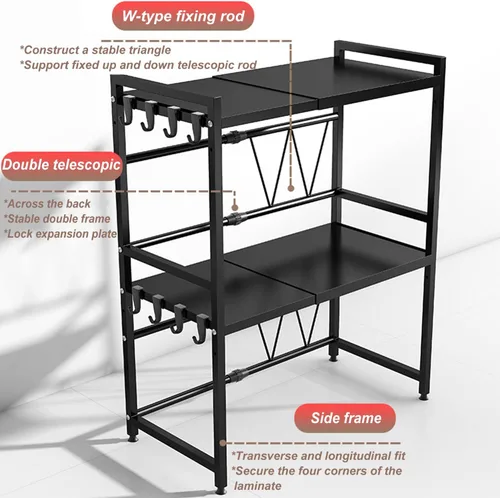 Vista 3 de Soporte Expandible para Microondas de Encimera, Estante Sobre Microondas de 3 Niveles Resistente con 8 Ganchos, Estante Ajustable de Altura de Acero