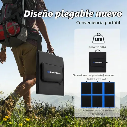 Vista 3 de ATEM POWER Panel solar portátil de 200 W, panel solar plegable HPBC, controlador de cargador MPPT de 20 A, salida USB de 5 V para batería de 12/24