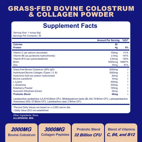Vista 9 de Polvo de colágeno de calostro bovino alimentado con pasto para mujeres y hombres, péptidos de colágeno hidrolizados en polvo con probióticos