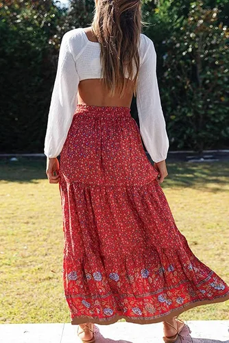Vista 4 de SimpleFun Falda larga de cintura alta elástica con estampado floral bohemio para mujer con bolsillos
