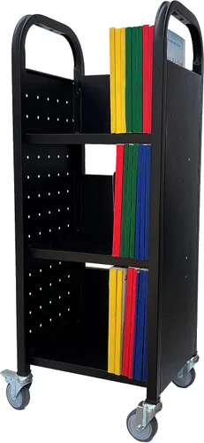 Vista 10 de Workington Carrito de libro con ruedas de un solo banco con 3 estantes planos, carrito de libros de biblioteca con ruedas giratorias bloqueables