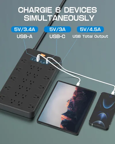 Vista 5 de FDTEK - Tira de alimentación con protección contra sobretensiones, 22 tomas de corriente alterna con 6 USB (1 USB-C), cable de extensión de 6.5