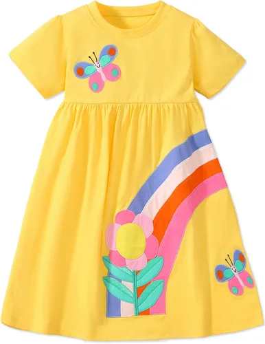 Vista 19 de Bumeex - Vestidos de verano para niñas pequeñas, de algodón, estampado de caricatura, manga corta, vestidos casuales para niñas, vestidos de sol