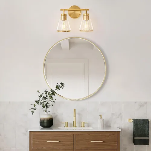 Vista 3 de Accesorios de iluminación de baño sobre espejo Luces de tocador doradas de 2 luces con pantalla de vidrio transparente de 14 pulgadas Luces
