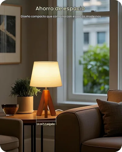 Vista 4 de Juego de 2 lámparas de mesa trípode pequeñas, lámpara moderna de mesita de noche con pantalla de tela, luz de escritorio de madera estilo bohemio