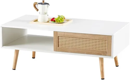 Vista 5 de Mesa de centro de ratán de 41.34 pulgadas, puerta corrediza para almacenamiento, patas de madera maciza, mesa moderna para sala de estar, utilizada