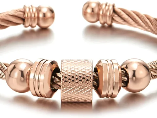 Vista 2 de Brazalete de acero trenzado para hombres y mujeres con abalorios de cuentas, pulido ajustable