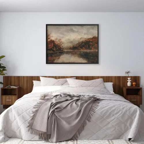 Vista 5 de Póster de paisaje campestre y lago, arte de pared de paisaje de naturaleza otoñal, 08 x 10 pulgadas, marco negro, pintura al óleo vintage de otoño
