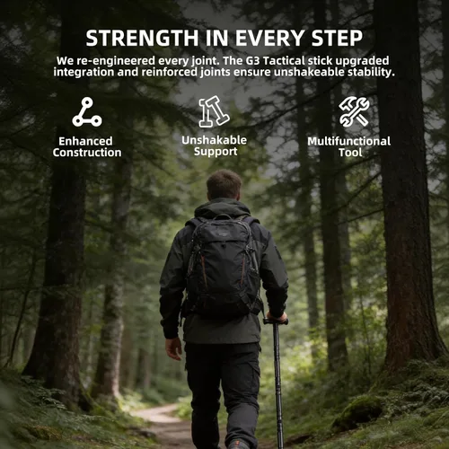 Vista 2 de aiGear G3 Tactical Walking Stick Self Defense, Upgraded Durable Hiking Stick with Multitool Adjustable 5-8 Tubes Modular Design for Hiking Camping