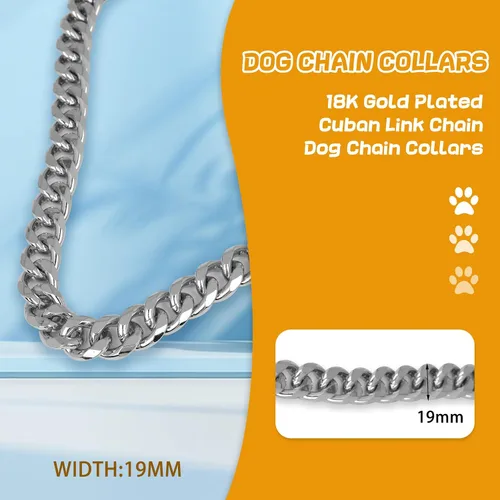 Vista 6 de BAOBOTE Collar de cadena de metal chapado en plata de 18 quilates de 0.748 in de grosor para perros (18 pulgadas plateado) Dog Chain Collar for