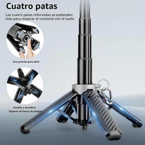Vista 5 de Trípode magnético multifuncional 4 en 1, palo selfie portátil para iPhone y Android con control remoto desmontable y anillo de metal, trípode