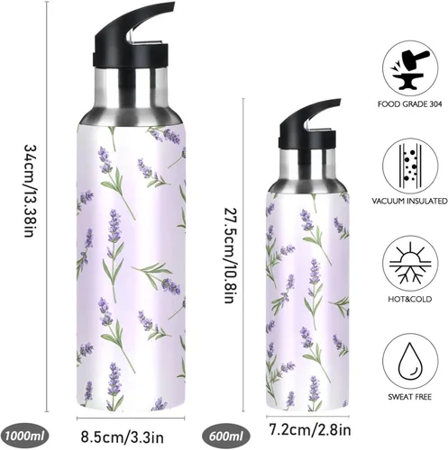 Vista 2 de Insulated Stainless Steel Water Bottle with Straw 32 Oz, BPA-Free Sport Water Bottle Insulated for Gym Outdoor Travel School, Lavender Flowers Green