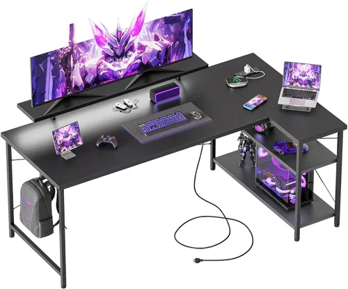 Vista 43 de Mericonia Escritorio pequeño en forma de L para computadora con tomas de corriente, escritorio de juegos para espacios pequeños, escritorio