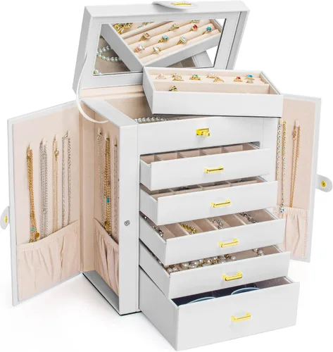 Vista 2 de AKOZLIN Joyero grande organizador funcional con cerradura con espejo grande, estuche de almacenamiento de joyas de cuero para mujeres y niñas