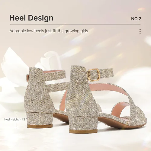 Vista 4 de Sandalias para niñas, tacones para niños, puntera abierta, correa al tobillo, zapatos de vestir, flores para boda, fiesta para niños pequeños