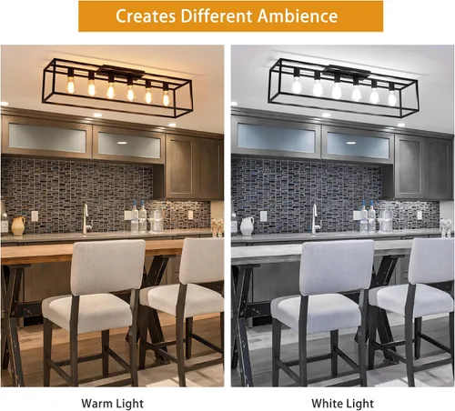 Vista 5 de Garwarm Lámpara de techo rectangular de montaje empotrado de 6 luces, lámpara de araña negra enjaulada de metal de 38 pulgadas, lámpara de techo
