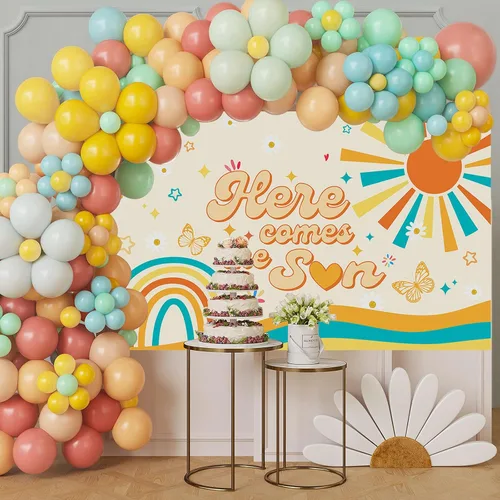Vista 5 de Mocsicka Banner bohemio para baby shower con texto en inglés «Here Comes The Sun», decoración de fiesta de baby shower, para fotografía, decoración