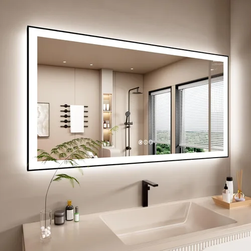 Vista 15 de Espejo de baño LED de 24x28 pulgadas con marco negro, espejos de baño retroiluminados y con luz frontal para pared, antiempañamiento, regulable