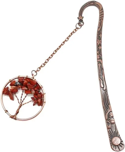 Vista 4 de Marcapáginas de metal con diseño de árbol de la vida, 7 chakras, ágata roja, piedras caídas, marcapáginas