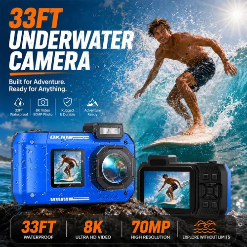 Vista 2 de Maxmango Cámara digital submarina D50 8K -70MP 33FT Cámara impermeable, cámara subacuática para esnórquel, buceo, surf, natación, cámara digital