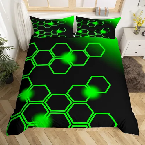 Vista 18 de Feelyou Juego de ropa de cama verde y negro tamaño individual para niños y adolescentes, juego de funda de edredón con temática hexagonal